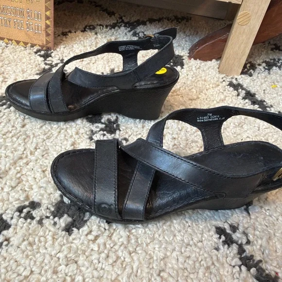 Born Black Leather Cross-Strap Slingback Wedge Comfort Sandals - Picture 3 of 8